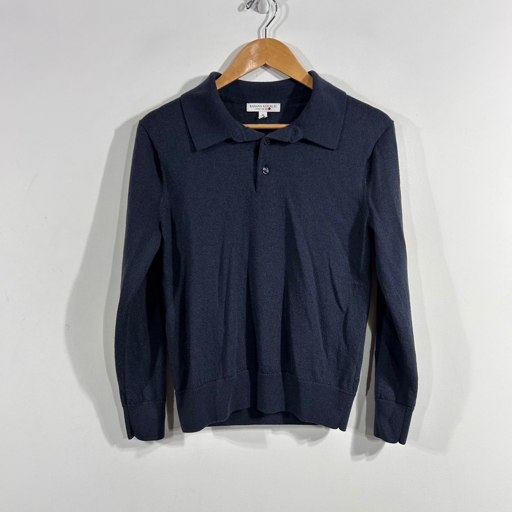 Banana Republic Quiet Luxury Preppy Merino Wool Polo Sweater Navy Mens Medium